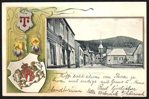 Lithographie Schirmeck, Strassenpartie mit Blick zur Kirche im Wappen-Passepartout