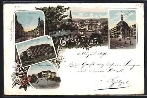 Lithographie Ried /Innkreis, Marktplatz, K. k. Gymnasium und Kreisgerichts-Gebäude
