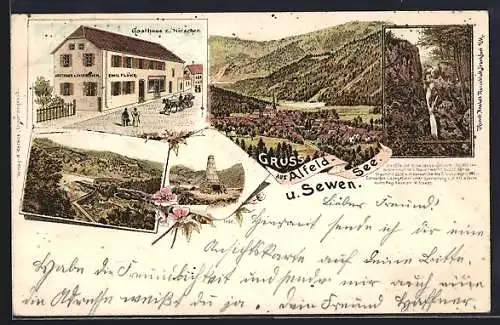 Lithographie Sewen, Gasthaus zum Hirschen von Emil Flühr, Denkmal, Wasserfall und Totalansicht