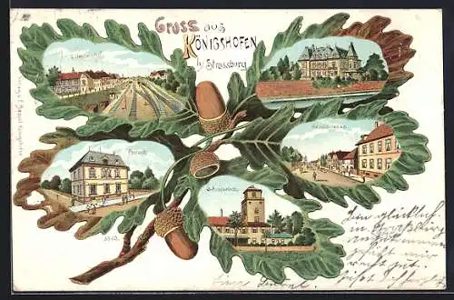 Lithographie Strassburg, Königshofen, Hauptstrasse, Güterbahnhof, Postamt und Schnockeloch