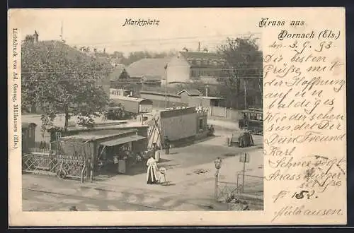 AK Mülhausen-Dornach, Marktplatz mit Strassenbahn