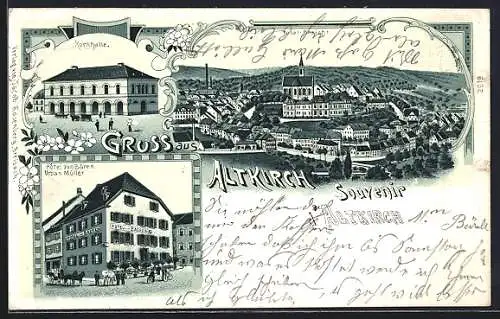 Lithographie Altkirch, Hotel zum Bären, Bes. Urban Müller, Kornhalle und Totalansicht