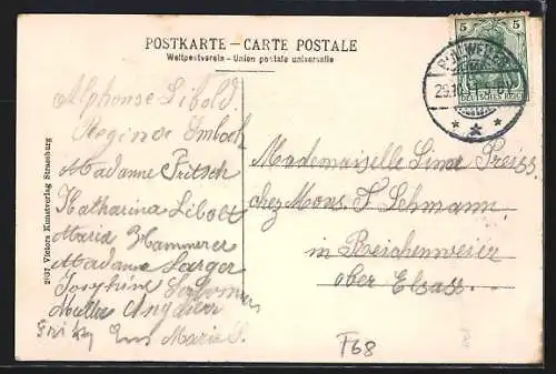 AK Bollweiler, Bäckerei und Geschäft von Joseph Hatsch, Schule und Gemeindehaus, Kirche