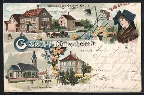 Lithographie Düttlenheim i. E., Gasthaus zum Goldenen Kreutz, Prop. Imbs, Pfarrhaus, Kirche und Gemeindehaus