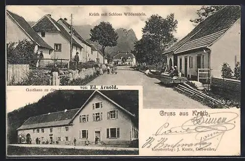 AK Krüth, Gasthaus zu den Vogesen von Ed. Arnold, Strassenpartie mit Blick zum Schloss Wildenstein