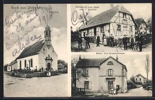 AK Diefmatten, Gasthaus zum Jäger von V. Dietrich, Schul- und Gemeindehaus, Kirche