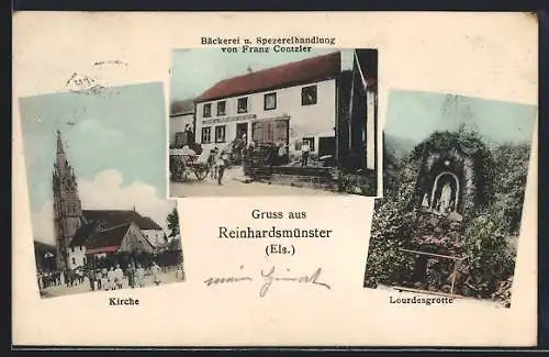 AK Reinhardsmünster /Els., Bäckerei und Geschäft von Franz Contzler, Lourdesgrotte und Kirche