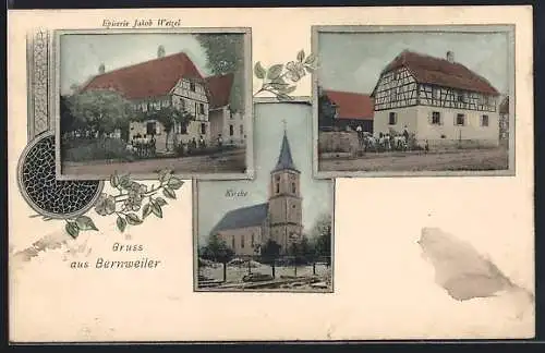 AK Bernweiler, Geschäft von Jakob Wetzel, Blick auf die Kirche