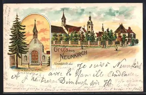 Lithographie Friesenheim, Neunkirch, Nothelfer Kapelle und Strassenpartie