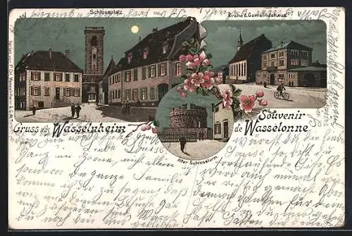 Lithographie Wasselnheim, Schlossplatz, Kirche und Gemeindehaus im Mondschein