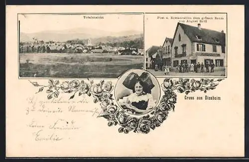 AK Dinsheim, Restaurant zum grünen Baum, Bes. August Brill, Totalansicht, Frau in Tracht