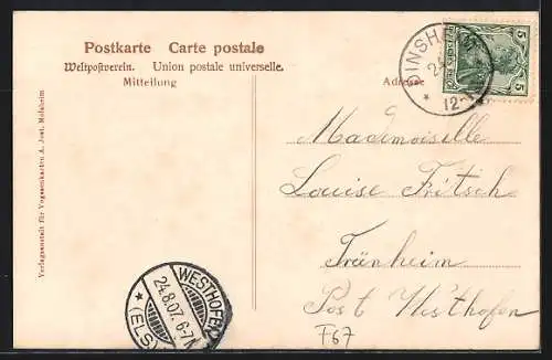 AK Dinsheim, Restaurant zum grünen Baum, Bes. August Brill, Totalansicht, Frau in Tracht