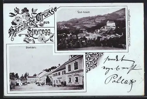 AK Steyregg, Blick über den Stadtplatz, Gesamtansicht