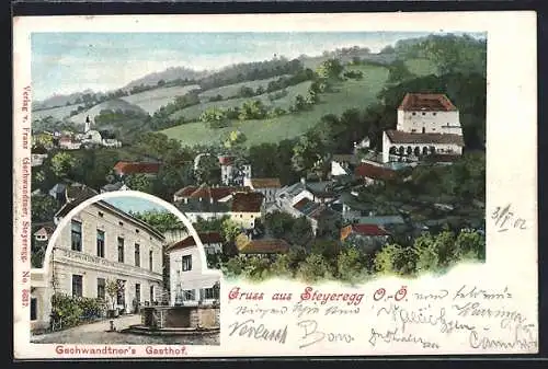 AK Steyregg, Gschwandtner`s Gasthof mit Brunnen, Teilansicht