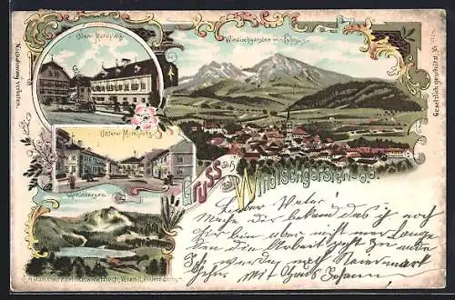 Lithographie Windischgarsten /O.Ö., Marktplatz, Gleinkersee, Totalansicht mit Pyhrgas