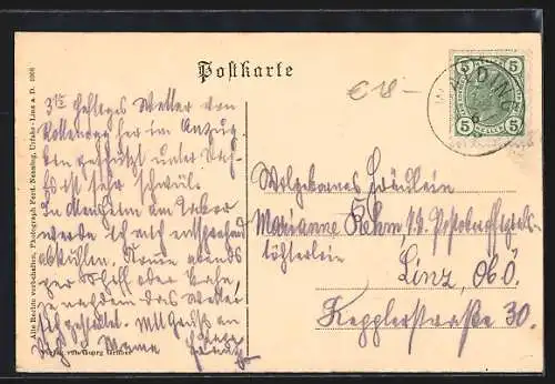 AK Walding i. Mühlkreis /Ob.-Öst., Georg Gruber`s Gasthaus zur Post, Rodelpartie mit Ruine Rottenegg, Totalansicht