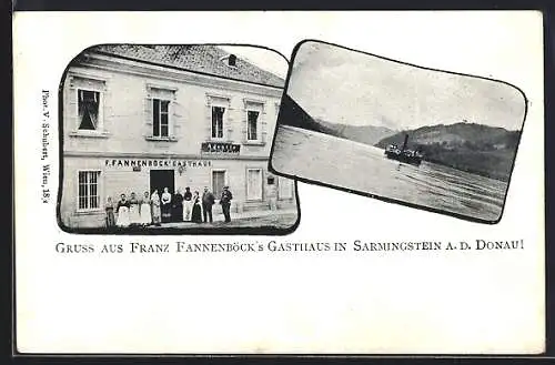 AK Sarmingstein a. d. Donau, Franz Fannenböck`s Gasthaus, Flusspartie