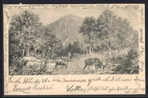 Künstler-AK Inselsberg, Ortspartie mit Hirsch und Rehen