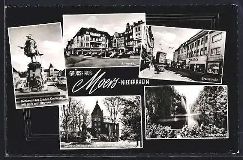 AK Moers /Niederrhein, Steinstrasse mit Geschäften, Altmarkt, Schloss und Denkmal der Kurfürstin Luise Henriette
