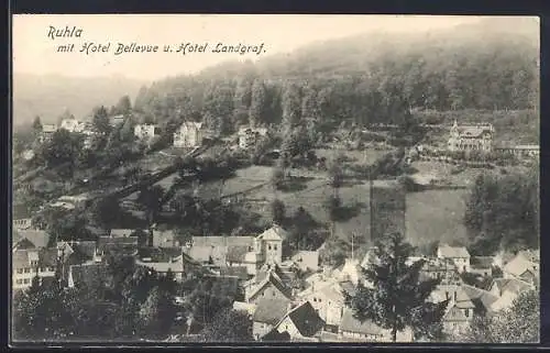 AK Ruhla, Teilansicht mit Hotel Bellevue und Hotel Landgraf