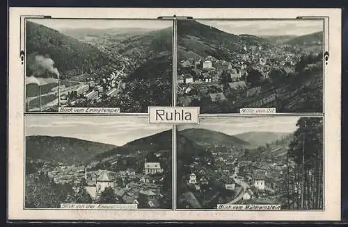 AK Ruhla, Blick vom Emmytempel, Mitte des Ortes, Blick von der Knaudtstrasse, Blick vom Mühlrainstein