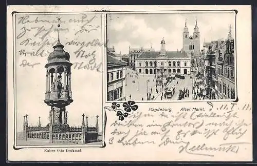 AK Magdeburg, Alter Markt mit Strassenbahn, Kaiser Otto-Denkmal