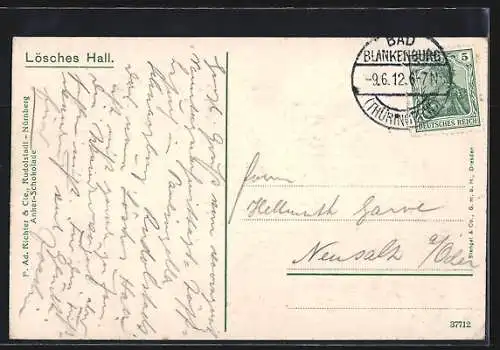 AK Blankenburg i. Th., Hotel Pension Lösches Hall im Schwarzatal