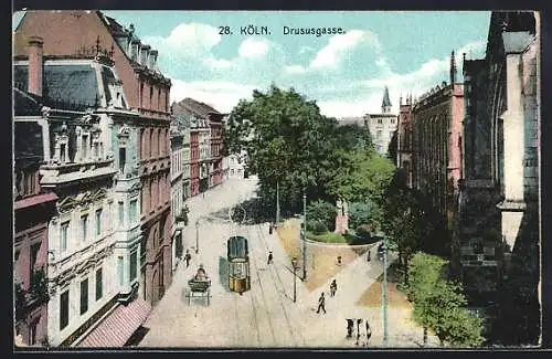 AK Köln, Strassenbahn auf der Drususgasse, Strasse aus der Vogelschau