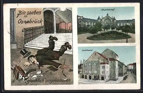 AK Osnabrück, Hauptbahnhof, Stadttheater, Gestürzter Mann mit Gehstock und verlorenen Gegenständen