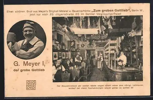 AK Berlin, Meierei und Gasthaus Bauernschänke Zum groben Gottlieb, Jägerstr. 65, Innenansicht, G. Meyer