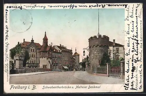 AK Freiburg i. B., Schwabentorbrücke und Malterer Denkmal