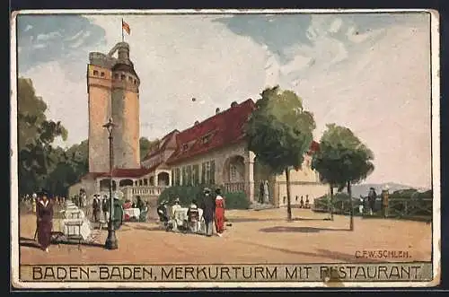 Künstler-AK Baden-Baden, Merkurturm mit Restaurant, Frauen und Männer mit Hüten