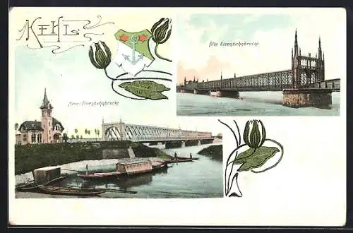 AK Kehl, Neue Rheinbrücke und alte Eisenbahnbrücke
