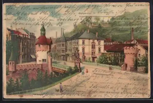 Lithographie Freiburg / Breisgau, Strassenansicht an der Schwabentorbrücke
