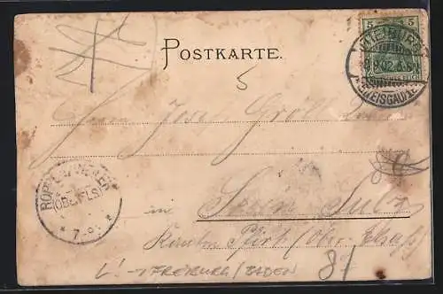 Lithographie Freiburg / Breisgau, Strassenansicht an der Schwabentorbrücke