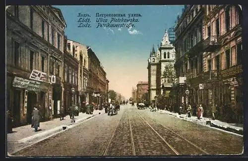 AK Litzmannstadt-Lodz, Petrikauer Strasse mit Hotel und Geschäften