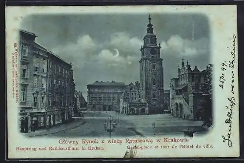 Mondschein-AK Krakau, Hauptring und Rathausturm