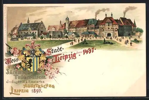 Lithographie Leipzig, Sächsisch-Thüringische Industrie u. Gewerbe Ausstellung 1897, Blick zur Stadt 1497, Wappen