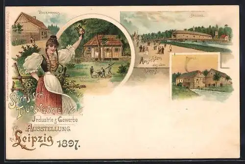 Lithographie Leipzig, Sächsisch-Thüringische Industrie & Gewerbe Ausstellung 1897, Bauernhaus, Brücke, Mühle & Waldhütte