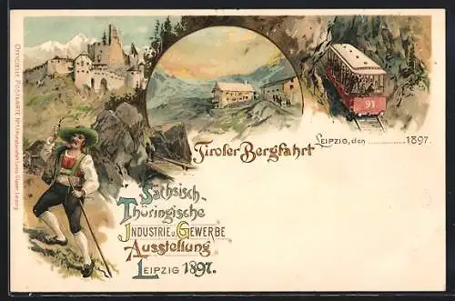 Lithographie Leipzig, Industrie- und Gewerbe-Ausstellung 1897, Tiroler Bergfahrt, Bergbahn