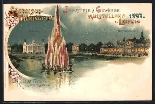 Lithographie Leipzig, Sächsisch-Thüringische Industrie- und Gewerbe-Ausstellung, 1897, Theater, Licht-Fontäne