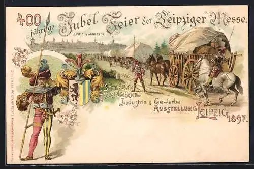 Lithographie Leipzig, Sächs.-Thür. Industrie- und Gewerbe-Ausstellung 1897, Ritter, Pferdewagen am Stadtrand 1497
