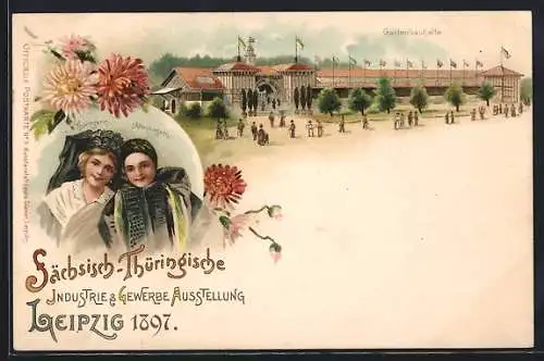 Lithographie Leipzig, Sächsisch-Thüringische Industrie- & Gewerbe-Ausstellung 1897, Gartenbauhalle, Trachten der Region