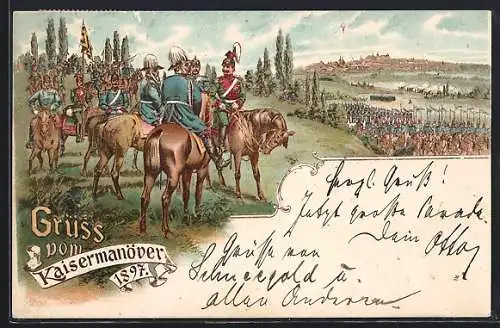 Lithographie Kaisermanöver1897, der Kaiser zu Pferd blickt auf die Truppen