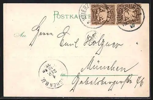 Lithographie Kaisermanöver1897, der Kaiser zu Pferd blickt auf die Truppen