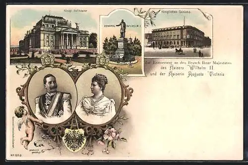 Lithographie Wiesbaden, Kaiserin Auguste Victoria Königin von Preussen und Kaiser Wilhelm der II., Kgl. Hoftheater