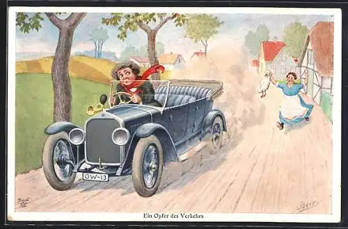 Künstler-AK Bert: Auto begeht Fahrerflucht nachdem sie eine Gans überfahren hat