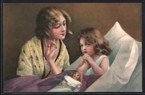 AK Beim Schlafengehen, Mutter am Bett der Tochter, Puppe liegt auf der Decke