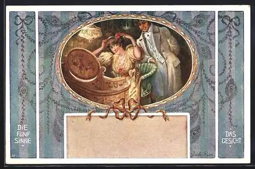 Künstler-AK Rud. Dutz: Dame am Frisiertisch mit Herren, Umrahmung mit Ranken