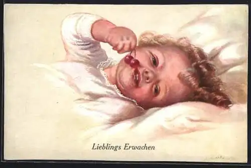 Künstler-AK Wally Fialkowska: Kleines Kind mit Kirschen beim Aufwachen